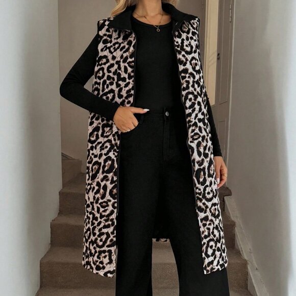 Casual Women's Leopard print Zip up Long Vest Jacket With Pockets - Picture 2 of 6
